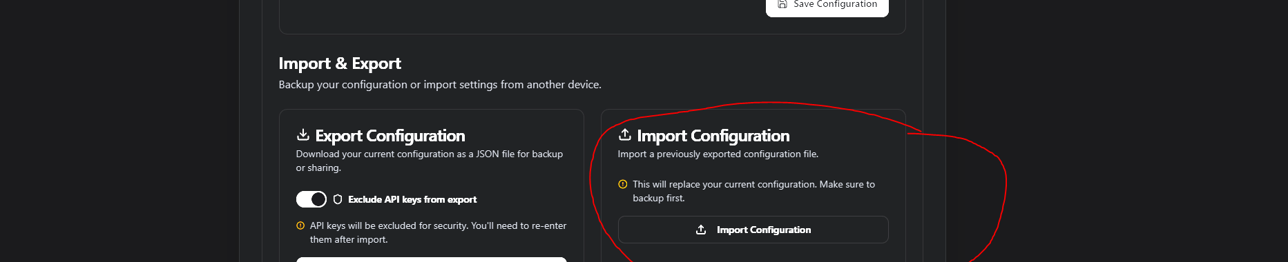 Import Configuration button